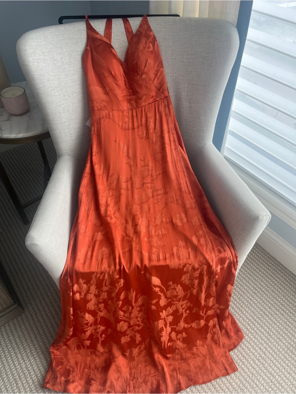 NWT Azazie Atelier Gabrielle Open Back Maxi Dress-Rust/orange Satin Jacquard SZ6
